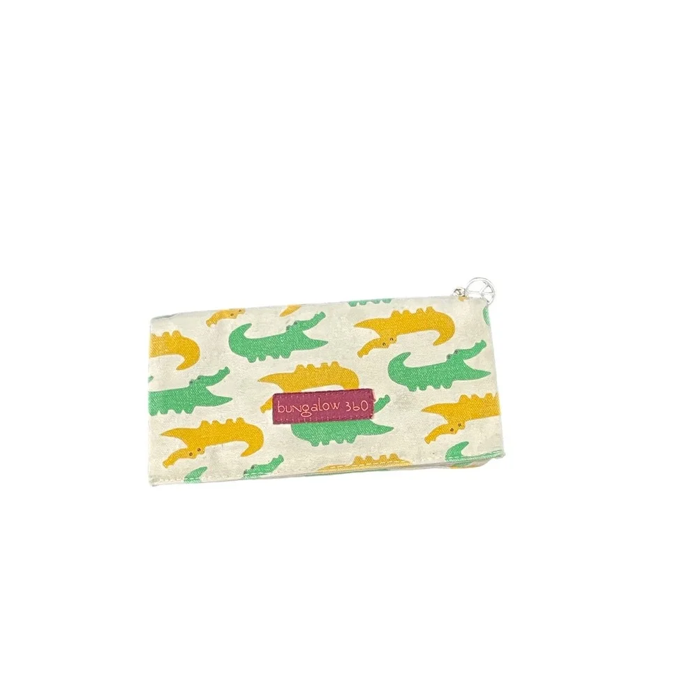 Bungalow360 Alligator Print Canvas Wallet Beige Green Yellow Gator Peace Sign
